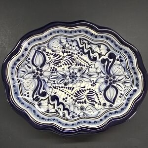 VTG spanish talavera Del Carmen Art Pottery Trinket Dish Platter Blue Glaze 10”